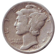 Монета 10 центов. 1941 год, США. (Без отметки монетного двора) Меркурий. Монета 10 центов. 1941 год, США. (Без отметки монетного двора) Меркурий.