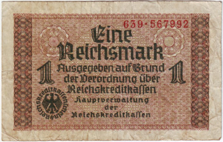 Банкнота 1 рейхсмарка. 1940-1945 гг., Третий Рейх. (Оккупированные территории). Без тиснения.