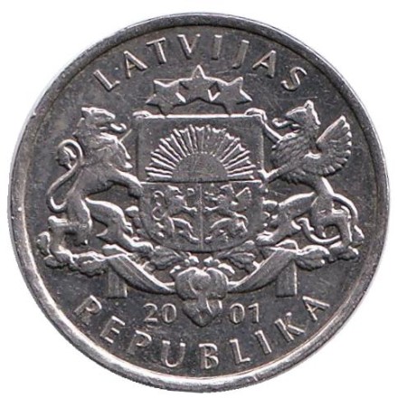 Монета 1 лат. 2001 год, Латвия. Монета из обращения. №2 Аист.