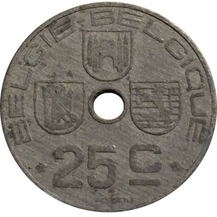 Монета 25 сантимов. 1944 год, Бельгия.