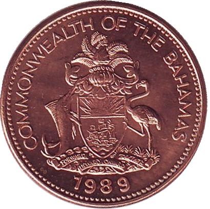 Монета 1 цент. 1989 год, Багамские острова. Морская звезда.