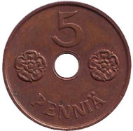 Монета 5 пенни. 1941 год, Финляндия. Монета 5 пенни. 1941 год, Финляндия.