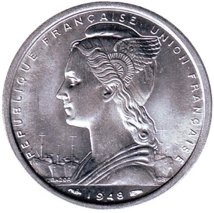 Монета 2 франка. 1948 год, Французская Западная Африка. Газель. Монета 2 франка. 1948 год, Французская Западная Африка. Газель.