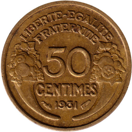 Монета 50 сантимов. 1931 год, Франция. Тип 2.