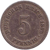 Монета 5 пфеннигов. 1898 год (А), Германская империя. Монета 5 пфеннигов. 1898 год (А), Германская империя.