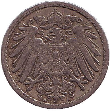 Монета 5 пфеннигов. 1898 год (А), Германская империя. Монета 5 пфеннигов. 1898 год (А), Германская империя.