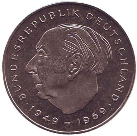 Монета 2 марки. 1978 год (J), ФРГ. UNC. Теодор Хойс.