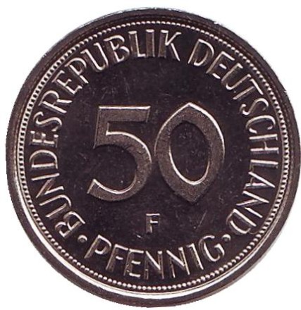 Монета 50 пфеннигов. 1984 год (F), ФРГ. Женщина, сажающая дуб.