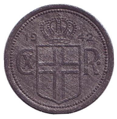 Монета 25 аураров. 1942 год, Исландия. Монета 25 аураров. 1942 год, Исландия.