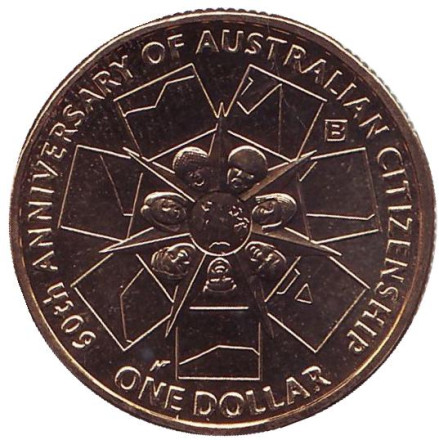 Монета 1 доллар. 2009 год, Австралия. (Отметка "B") 60 лет Австралийскому гражданству.