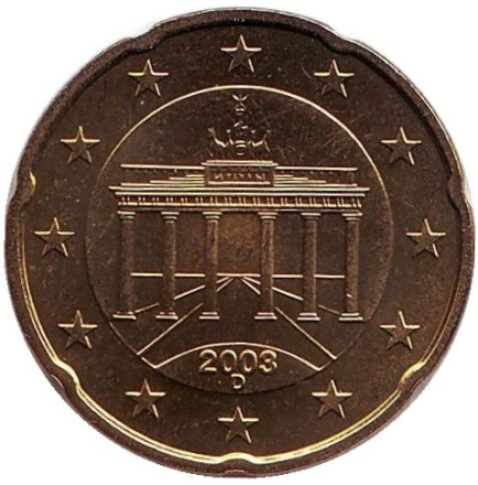 Монета 20 центов. 2003 год (D), Германия.