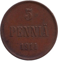 Монета 5 пенни. 1914 год, Финляндия в составе Российской Империи. Монета 5 пенни. 1914 год, Финляндия в составе Российской Империи.