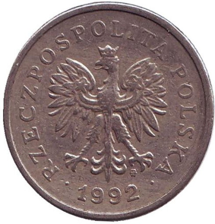 Монета 1 злотый. 1992 год, Польша.