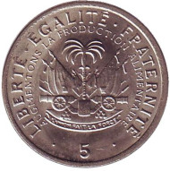 Монета 5 сантимов. 1975 год, Гаити. Монета 5 сантимов. 1975 год, Гаити.
