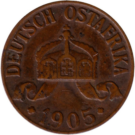 Монета 1 геллер. 1905 год (J), Германская Восточная Африка. Монета 1 геллер. 1905 год (J), Германская Восточная Африка.