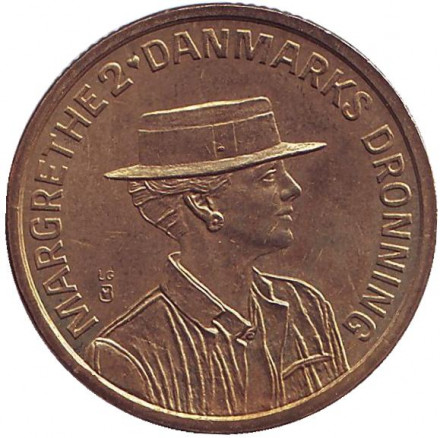 Монета 20 крон. 1990 год, Дания. 50 лет со дня рождения Королевы Маргрете II.