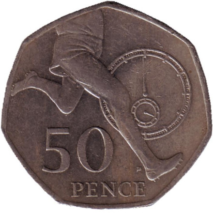 Монета 50 пенсов. 2004 год, Великобритания. 50 лет рекорду в беге.