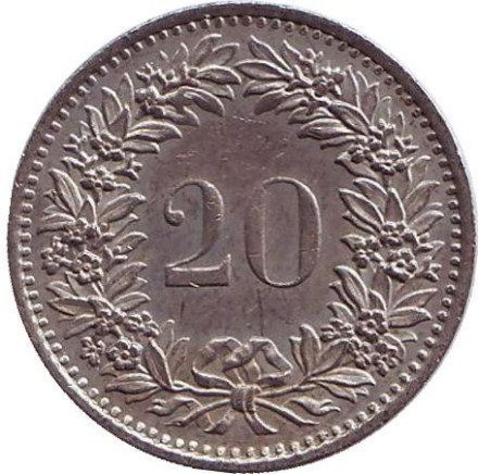 Монета 20 раппенов. 1981 год, Швейцария.