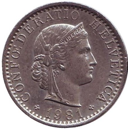 Монета 20 раппенов. 1981 год, Швейцария. Монета 20 раппенов. 1981 год, Швейцария.