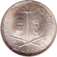 Монета 500 лир. 1967 год, Ватикан. Святые Пётр и Павел. Монета 500 лир. 1967 год, Ватикан. Святые Пётр и Павел.