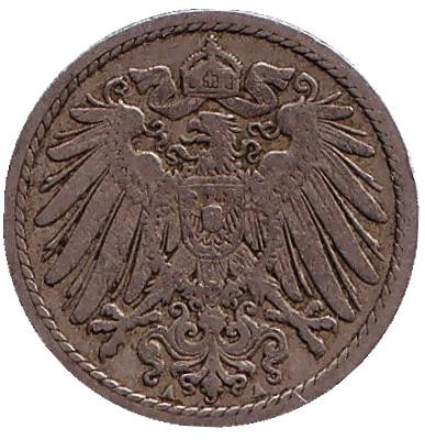 Монета 5 пфеннигов. 1902 год (A), Германская империя. Монета 5 пфеннигов. 1902 год (A), Германская империя.