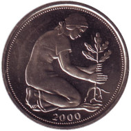 Монета 50 пфеннигов. 2000 год (G), ФРГ. Женщина, сажающая дуб. Монета 50 пфеннигов. 2000 год (G), ФРГ. Женщина, сажающая дуб.