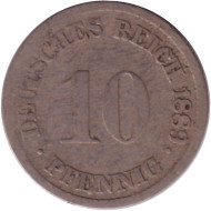 Монета 10 пфеннигов. 1889 год (G), Германская империя.