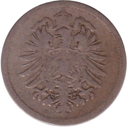 Монета 10 пфеннигов. 1889 год (G), Германская империя. Монета 10 пфеннигов. 1889 год (G), Германская империя.