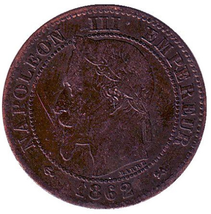 Монета 2 сантима. 1862 год (K), Франция. Наполеон III.