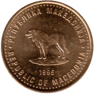 Монета 1 денар, 1995 год, Македония. (Тип 2). Пастушья собака. Монета 1 денар, 1995 год, Македония. (Тип 2). Пастушья собака.