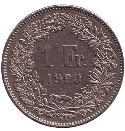 Монета 1 франк. 1990 (В) год, Швейцария. Гельвеция.