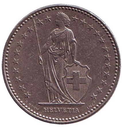 Монета 1 франк. 1990 (В) год, Швейцария. Гельвеция. Монета 1 франк. 1990 (В) год, Швейцария. Гельвеция.