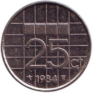 Монета 25 центов. 1984 год, Нидерланды.