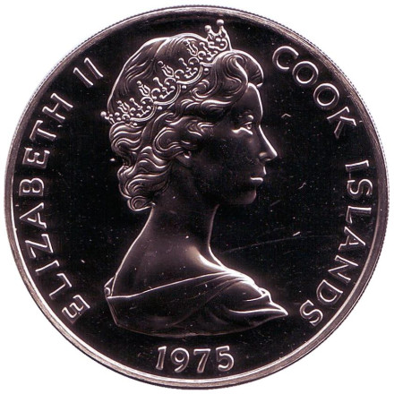 Монета 1 доллар. 1975 год, Острова Кука. (Отметка монетного двора: "FM"). Тангароа. Божество. Монета 1 доллар. 1975 год, Острова Кука. (Отметка монетного двора: "FM"). Тангароа. Божество.