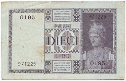 Банкнота 10 лир. 1935 год, Италия. Банкнота 10 лир. 1935 год, Италия.
