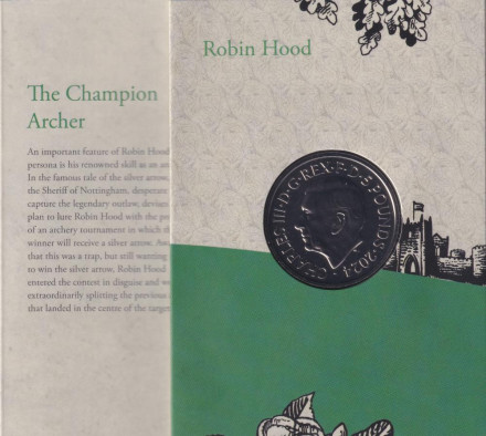 Монета 5 фунтов. 2024 год, Великобритания. Мифы и легенды. Робин Гуд. В буклете.