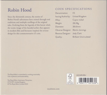 Монета 5 фунтов. 2024 год, Великобритания. Мифы и легенды. Робин Гуд. В буклете.