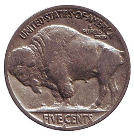 Монета 5 центов. 1936 год (S), США. Бизон. Индеец.