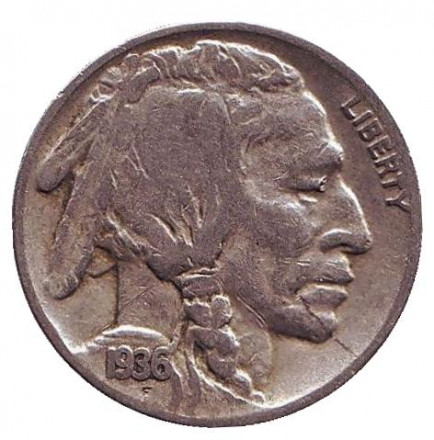Монета 5 центов. 1936 год (S), США. Бизон. Индеец.