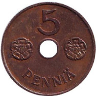 Монета 5 пенни. 1942 год, Финляндия. Монета 5 пенни. 1942 год, Финляндия.