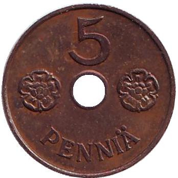 Монета 5 пенни. 1942 год, Финляндия.