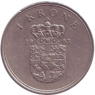 Монета 1 крона. 1963 год, Дания. Монета 1 крона. 1963 год, Дания.