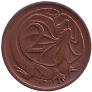 Монета 2 цента. 1980 год, Австралия. Из обращения. Плащеносная ящерица. Монета 2 цента. 1980 год, Австралия. Из обращения. Плащеносная ящерица.