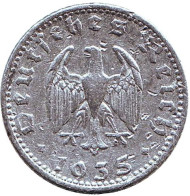 Монета 50 рейхспфеннигов. 1935 год, Германия (Третий Рейх). (D). Монета 50 рейхспфеннигов. 1935 год, Германия (Третий Рейх). (D).