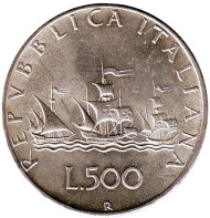 Монета 500 лир. 1964 год, Италия. Корабли Колумба. Монета 500 лир. 1964 год, Италия. Корабли Колумба.