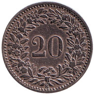 Монета 20 раппенов. 1887 год, Швейцария. Монета 20 раппенов. 1887 год, Швейцария.
