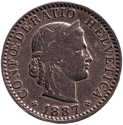 Монета 20 раппенов. 1887 год, Швейцария. Монета 20 раппенов. 1887 год, Швейцария.