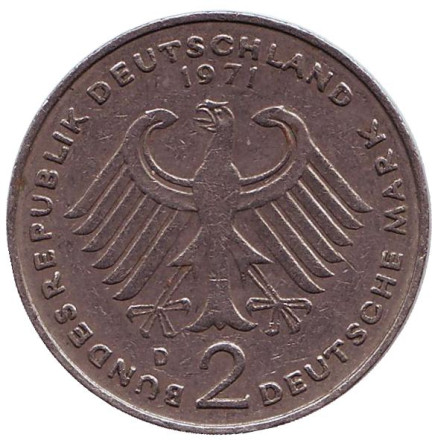 Монета 2 марки. 1971 год (D), ФРГ. Теодор Хойс. Монета 2 марки. 1971 год (D), ФРГ. Теодор Хойс.