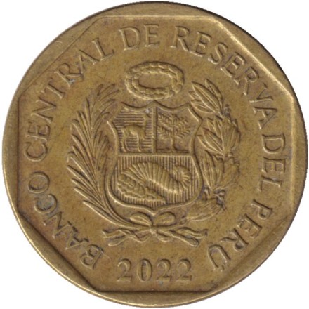 Монета 10 сентимов. 2022 год, Перу. Монета 10 сентимов. 2022 год, Перу.