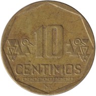 Монета 10 сентимов. 2022 год, Перу. Монета 10 сентимов. 2022 год, Перу.